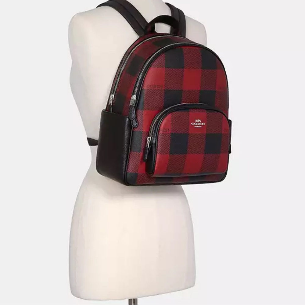 Coach Men's Or Womens Red and Black Plaid Large Backpack - Picture 3 of 7